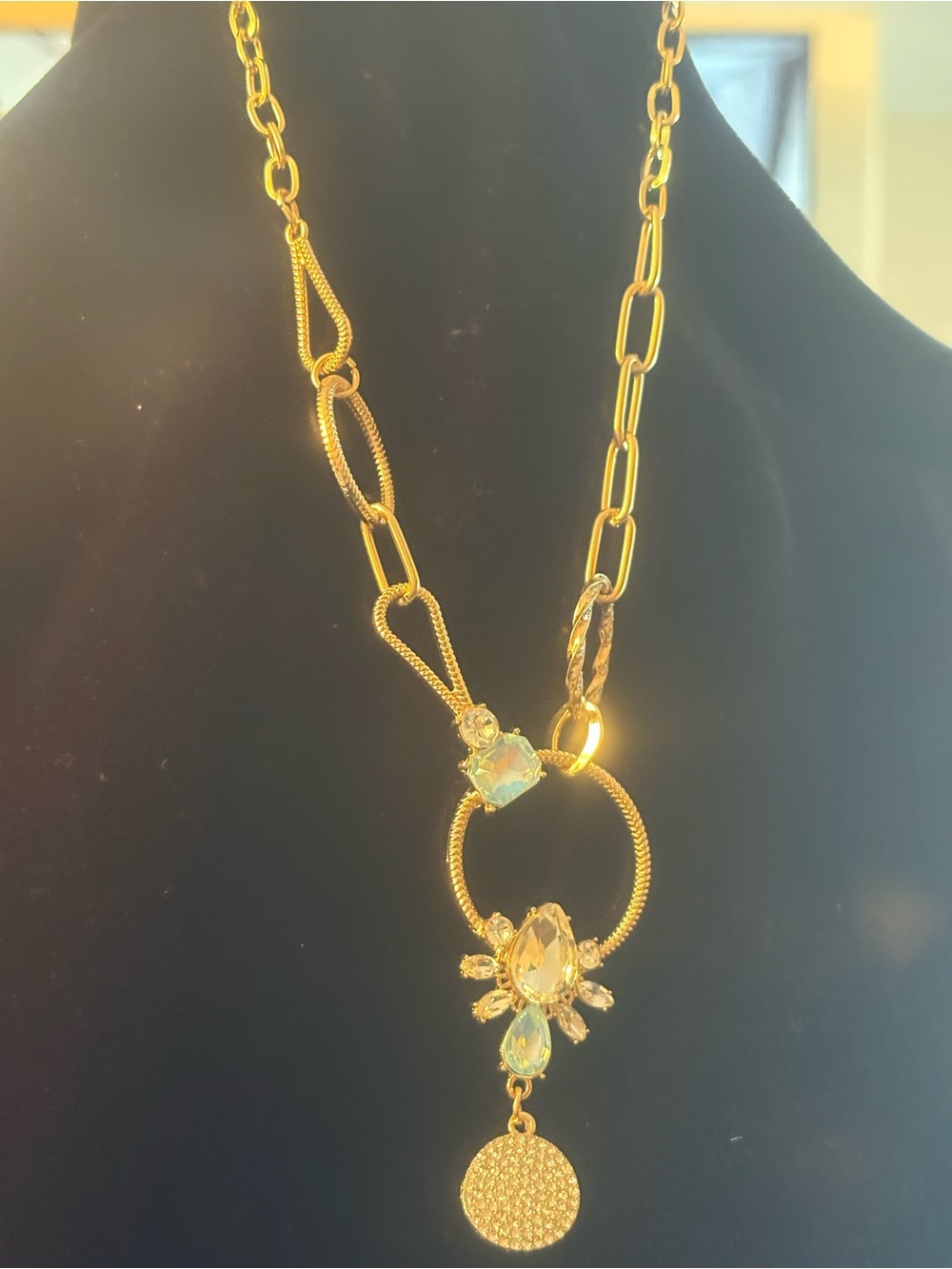 Silver tone Pendant Necklace with Opalescent Crystals - Women Jewelry